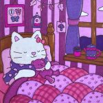 Completed adult coloring book page featuring a cat holding a teddy bear in bed, colored in shades of purple, pink, and lavender, with a cozy room and window view in the background.