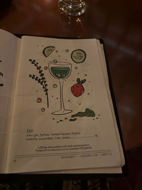 Char Bar drink menu featuring a hand-drawn illustration of a cocktail alongside its detailed description.