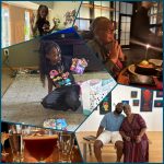 A photo collage featuring moments from the birthday weekend, including Gigi blowing out her candle, drinks at Char Bar, Noelle celebrating, gift opening, and Gigi and Kahlil posing at the art gallery.