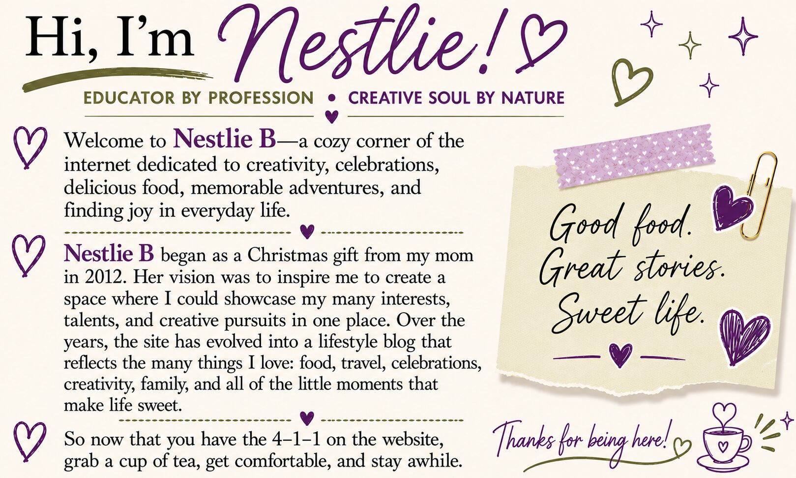 ABOUT ME INFO 8 Welcome to Nestlie B introduction graphic featuring the site's mission and personal welcome message