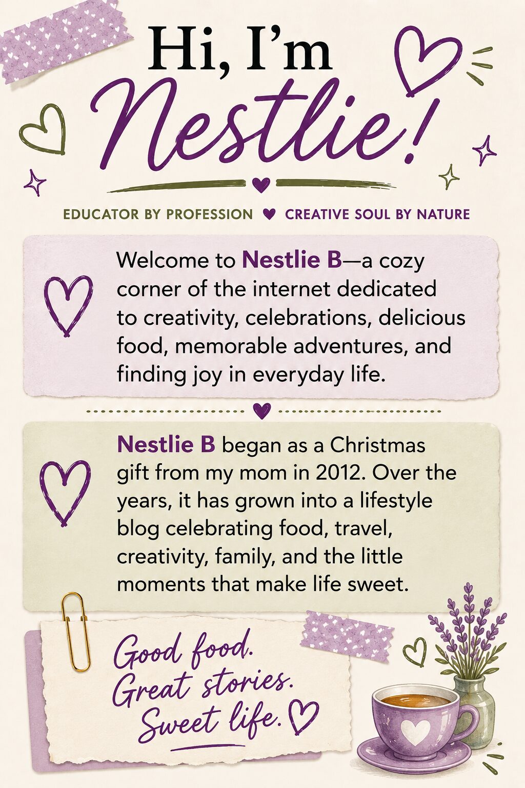 ABOUT ME INTRO 3 Welcome to Nestlie B introduction graphic featuring the site's mission and personal welcome message.