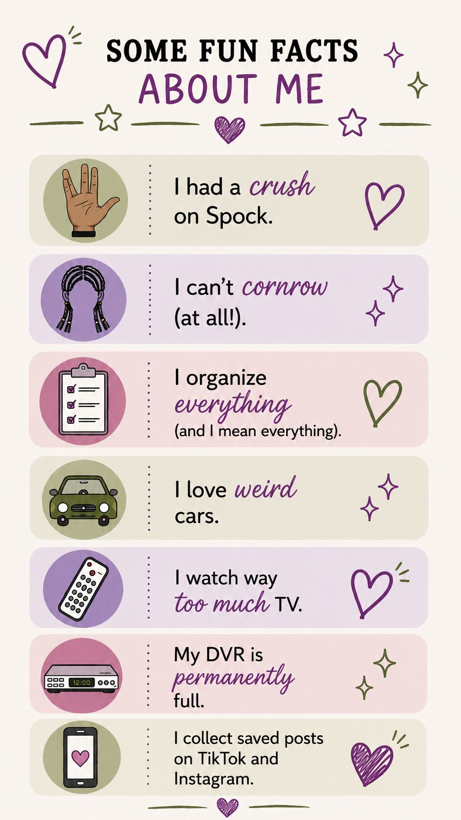 FUN FACTS ABOUT ME 3 Mobile-friendly fun facts graphic showcasing L'Qia's personality, hobbies, and interests.