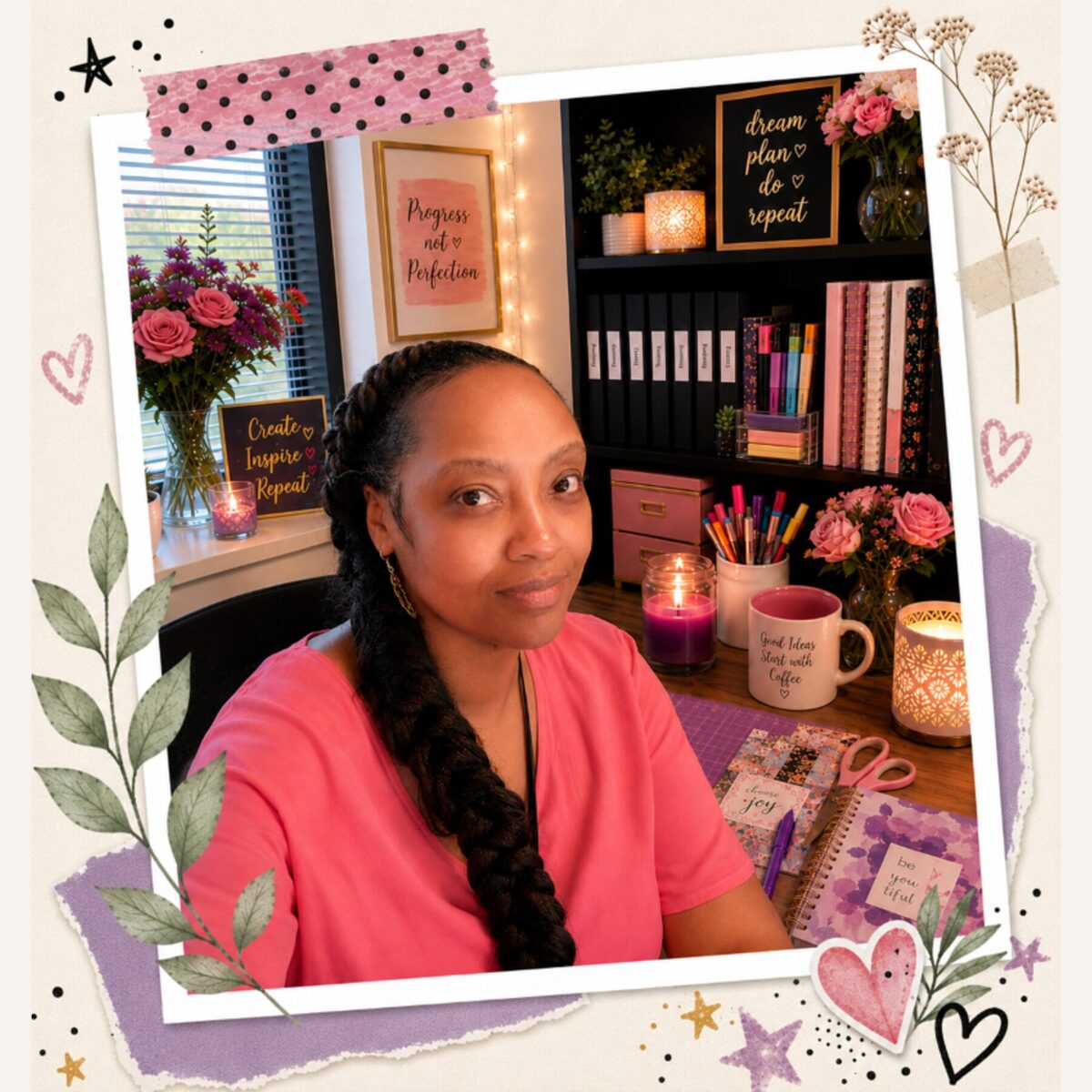 NESTLIEB PIC 5 Portrait of L'Qia Barrett sitting in her cozy creative workspace surrounded by candles, journals, flowers, and stationery